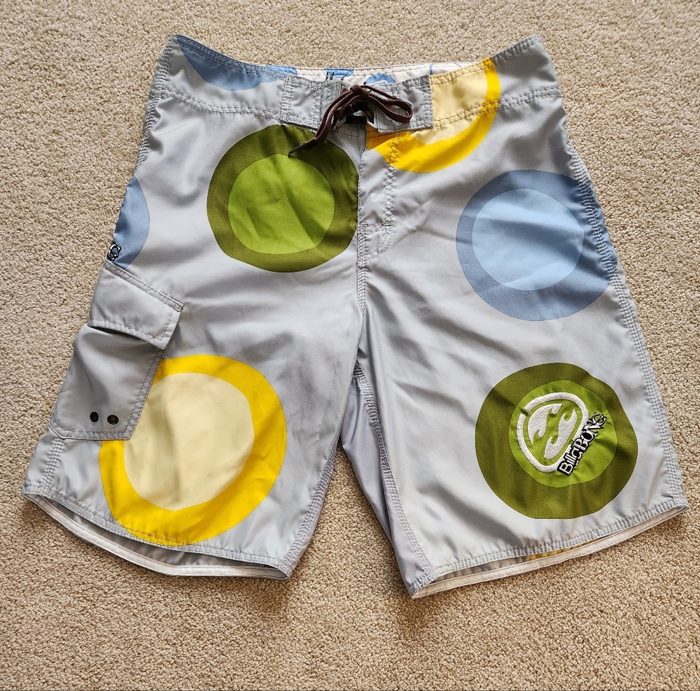 Billabong Vintage Gray Swim Shorts with Multicolor Circles